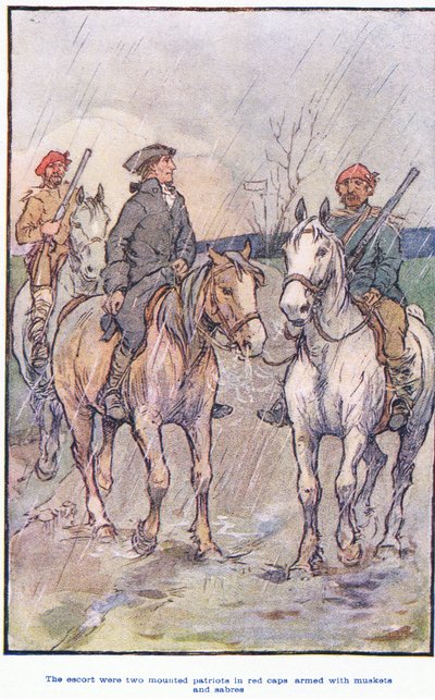 De escorte waren gemonteerde patriotten in rode mutsen, gewapend met musketten en sabels door F. M. B. Blaikie