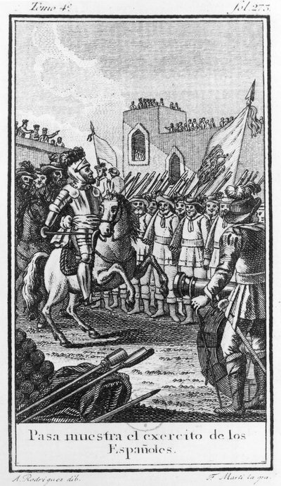 Hernando Cortes (1485-1547) inspecteert zijn troepen, gegraveerd door Antonio Rodriquez door F. Marti