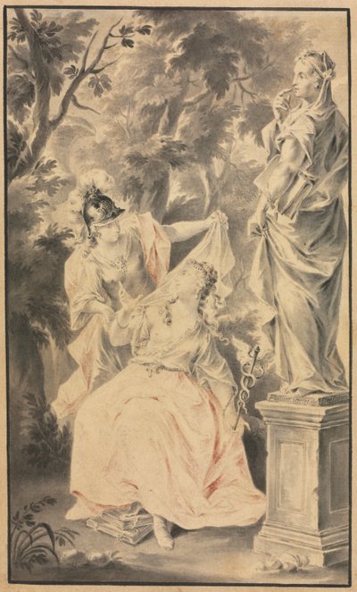 Allegorische Scene: Koppel voor een Standbeeld door F. Muller