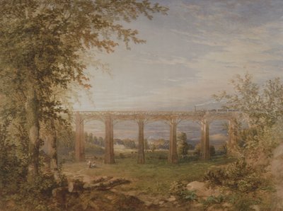 Een Bakstenen en Houten Spoorwegviaduct met Stoomtrein, 1849 door F. S. Cook