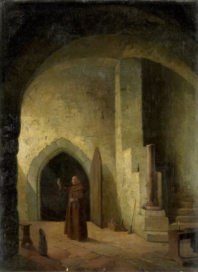 Een monnik met een glas in de hand in een kelder door F. Taupel