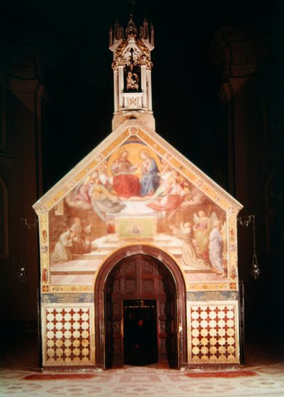 Exterieur van de Porziuncola-kapel met een fresco van St. Franciscus die de Vergiffenis van Assisi ontvangt, 1829; Interieur van Santa Maria degli Angeli door F and Poletti Overbeck