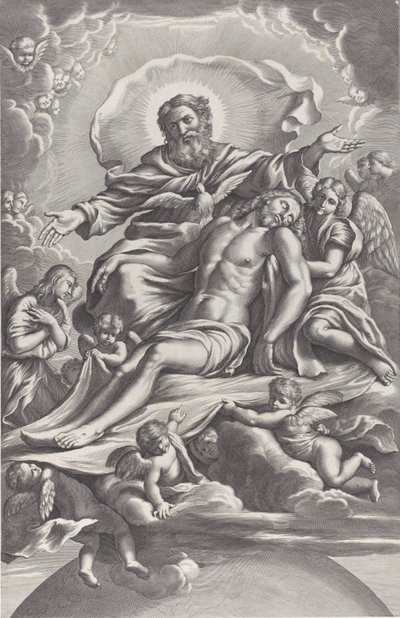 De Heilige Drie-eenheid, met de dode Christus in het midden omringd door engelen, God de Vader door F. de Louvement
