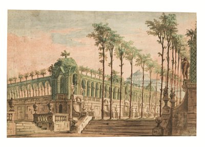 Een toneelontwerp van een paleistuin door Fabrizio Galliari