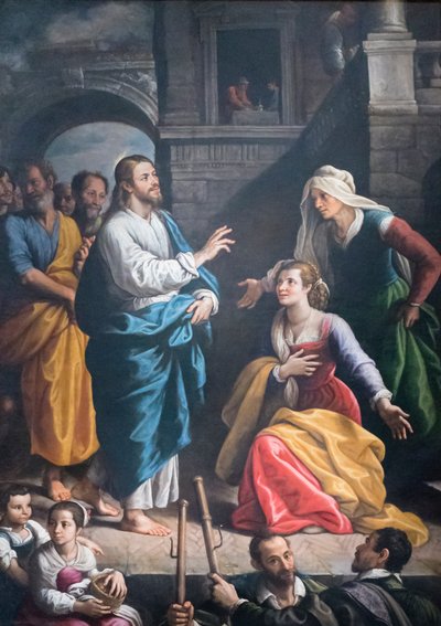 Christus te gast in het huis van Martha en Maria door Fabrizio Santafede