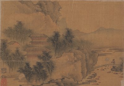 Landschap met man die brug oversteekt door Fan Hong