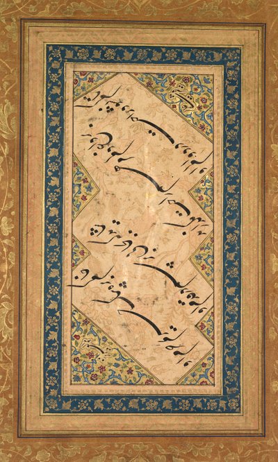 Calligrafie van een Ghazal van Badr al-Din Hilali Jaghatai Perzisch, actief c. 1500, c. 1550 door Faqir Ali