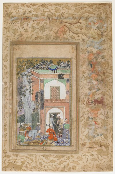 Babur vermaakt zich in het paleis van Sultan Ibrahim Lodi, los folio uit een verspreide kopie van Baburnama (Tuzuk-i Baburi) door Zahir-al-Din Muhammad Babur, ca. 1585 door Farrukh Beg
