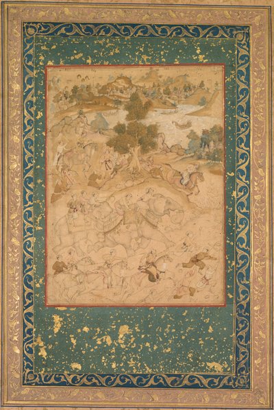 Akbar houdt toezicht op de vangst van wilde olifanten in Malwa in 1564, schilderij 90... door Farukh Chela
