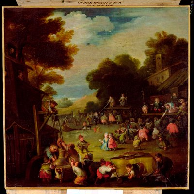 Pygmeeën op een kermis, water halen uit een put op de voorgrond en kijken naar theatervoorstellingen daarachter door Faustino Bocchi or Boccasi