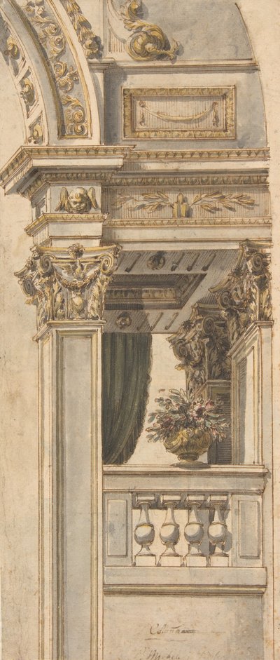 Ontwerp voor een deel van een muurelevatie met een balkon naast een boog door Faustino Trebbi