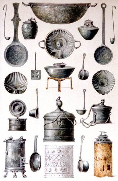 Reproductie van kookgerei, uit De Huizen en Monumenten van Pompeii, door Fausto en Felice Niccolini, Deel IV, Supplement, Plaat XVII door Fausto and Niccolini Felice Niccolini