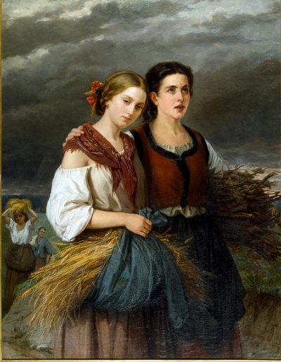 De terugkeer van de velden Twee jonge boeren met korenaren in hun schorten staan samen door Federica Giuseppina Gervasoni Giuliano