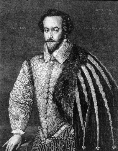 Portret van Sir Walter Raleigh (1554 - 1618), Engelse navigator, hoveling en schrijver. Gravure naar een schilderij toegeschreven aan Federico Zuccaro (of Zuccari) (1549 - 1609) uit 1588 door Federico (after) Zuccari or Zuccaro