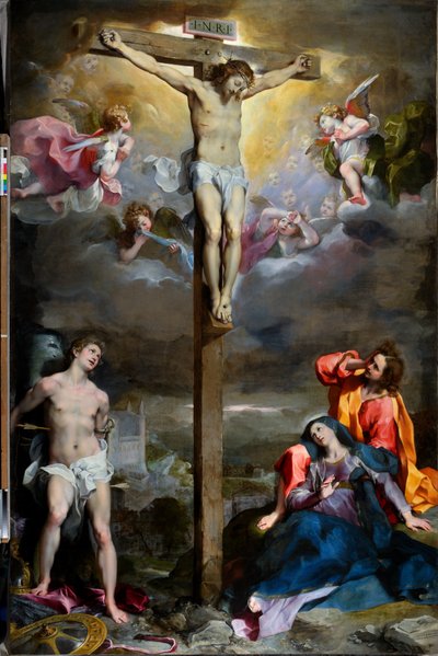 Kruisiging van Christus met Onze Lieve Vrouw, Sint Johannes de Evangelist en Sint Sebastiaan door Federico Fiori Barocci or Baroccio