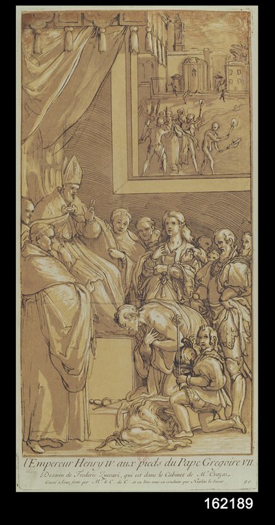 Keizer Hendrik IV (1050-1106) aan de voeten van Paus Gregorius VII (1020-85) gegraveerd door Nicolas Le Sueur (1691-1764) door Federico Zuccari or Zuccaro