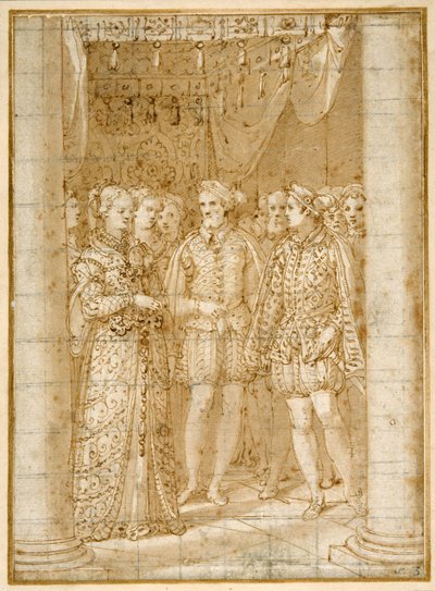 Verloving van Ottaviano Farnese met Margaretha van Parma, in aanwezigheid van Hendrik II van Frankrijk door Federico Zuccaro
