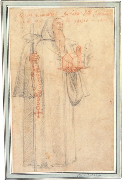 Fra Stefano, procurator van de Camaldolieten in Vallombrosa, als Sint Romuald, met een model van een kerk en een rozenkrans, 1577 door Federico Zuccaro