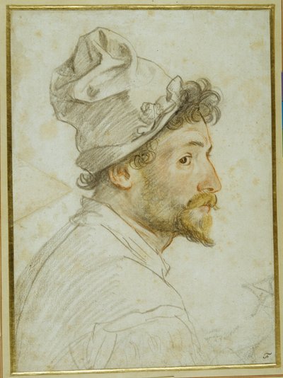 Hoofd en schouders van een bebaarde man met een pet door Federico Zuccaro