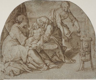 Het kind Jezus wordt gebaad door Maria, Anna en een dienstmeisje door Federico Zuccaro