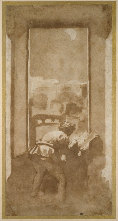 Man die bij maanlicht tekent vanuit het raam van een huis (pen en inkt met was op papier) door Federico Zuccaro