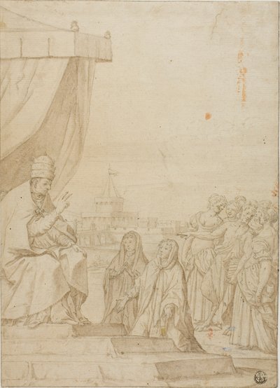 Paus zegent twee vrouwen in aanwezigheid van Satyr en verzamelde vrouwen met Castel Sant Angelo op de achtergrond door Federico Zuccaro