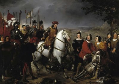 Spaans: El Gran Capitán recorriendo el campo de la batalla de Ceriñola Gonzalo Fernández de Córdoba bij de slag om Cerignola
 of Spaans: El Gran Capitán después de la batalla de Ceriñola encuentra el cadáver de Luis de Armagnac Gonzalo Fernández de Córdoba door Federico de Madrazo y Kuntz