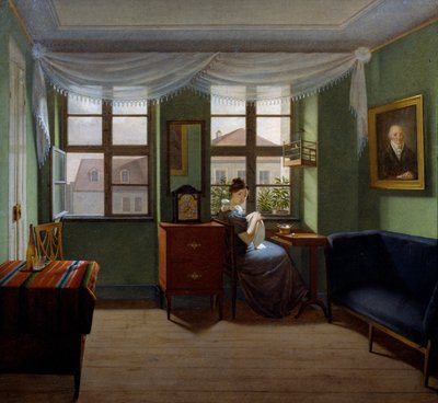 Naaien, schilderij door Fyodor Tolstoy (1783-1873) door Fedor Petrovich Tolstoy