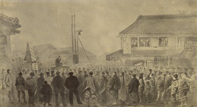 Fotografische kopie van een tekening door Charles Wirgman van een executie door Felice Beato