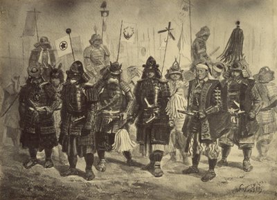 Fotografische kopie van een tekening van Japanse krijgers door Charles Wirgman door Felice Beato