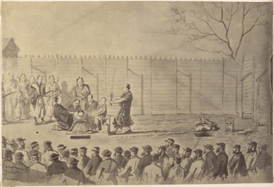 Fotografische Kopie van een Tekening van een Japanse Man die Op het Punt Staat te Worden Onthoofd door Charles Wirgman door Felice Beato