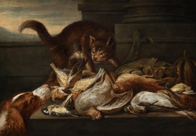 Jachtstilleven met kat door Felice Boselli