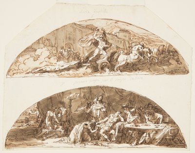 Achilles sleept het lichaam van Hector rond de muren van Troje, Priamus smeekt om het lichaam van Hector, plafondontwerpen voor de Galleria di Achille, Palazzo Milzetti, Faenza, Italië door Felice Giani