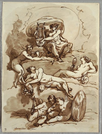 Apollo met Lier, Roem, Overvloed, Schoonheid en Twee Putti op Wolken, Studie naar Marcantonio Franceschini door Felice Giani