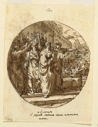 Plafondontwerp voor Numa Pompilius verwelkomd in Rome na zijn verkiezing, Sala di Numa Pompilio, Palazzo Milzetti, Faenza door Felice Giani
