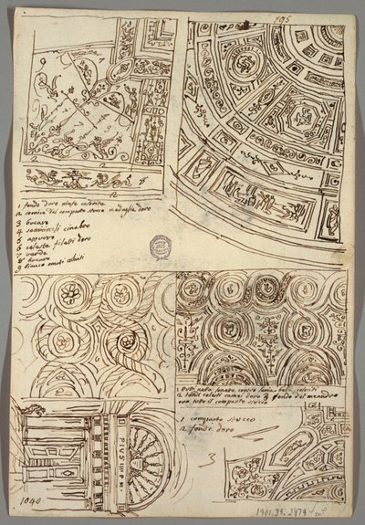 Decoratieve studies voor plafonds; Verso: Hoofd in profiel met antieke helm door Felice Giani