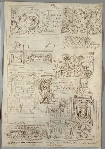 Decoratieve Studie; Verso: Twee Hoofdstudies door Felice Giani