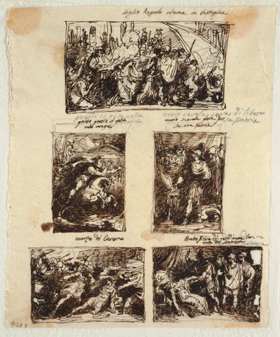 Ontwerp voor Verschillende Decoraties inclusief Coriolanus bij de Muren van Rome door Felice Giani