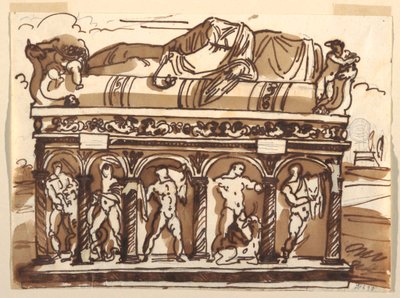 Tekening, Een Romeinse sarcofaag in het Vaticaans Museum, ca. 1820 door Felice Giani