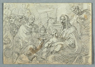 Tekening, Aanbidding der Koningen studie naar Lodovico Carracci, 1800-1820 door Felice Giani