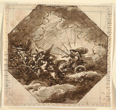 Tekening, Apollo in zijn strijdwagen met Aurora, Sala Ottogonale, Palazzo Milzetti, Faenza, 1804-05 door Felice Giani