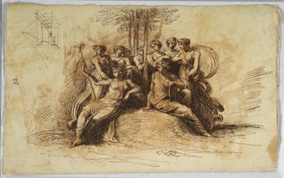 Tekening, Zelfportret van Felice Giani; recto:  Muzen zittend onder een boom, eind 18e-begin 19e eeuw door Felice Giani