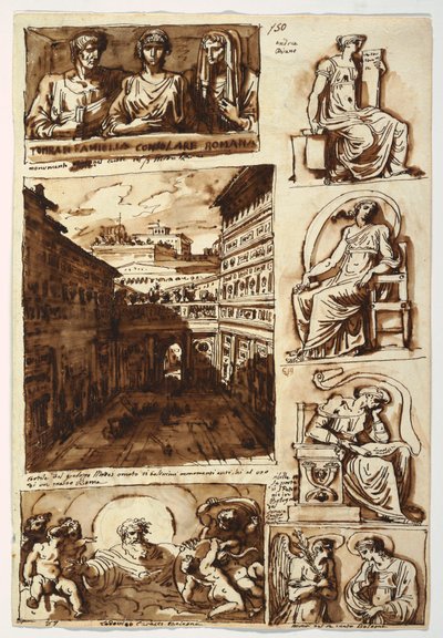 Tekening, Diverse kunstwerken.  Het hof van Palazzo Mattei in Rome, 1812-14 door Felice Giani