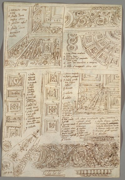 Vier Decoratieve Studies van Plafonds; Verso: Anatomische Studies door Felice Giani