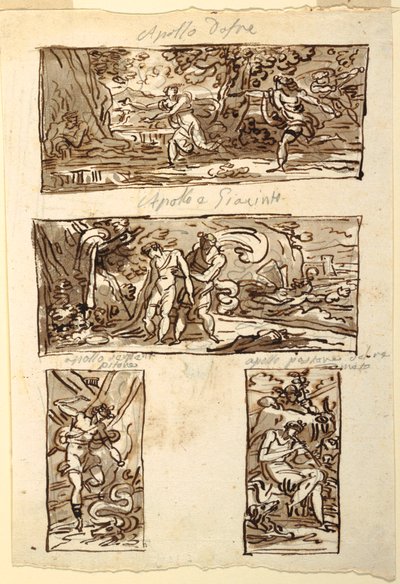 Vier tekeningen van de mythe van Apollo; Decoratie van een muur boven een schouw, Sala di Apollo, Palazzo Cavina, Faenza door Felice Giani