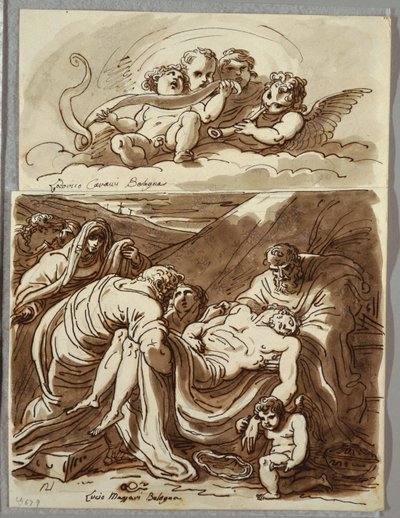 Vier putti maken muziek, Studie naar Lodovico Carracci; Christus, Studie naar Massari door Felice Giani