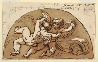 Tweelingen, Lunet voor Plafond, Sala Ottagonale, Palazzo Milzetti, Faenza door Felice Giani