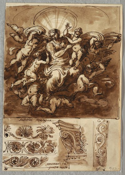 Madonna in glorie, studie naar Bartolomeo Passeroti Bologna; architectonische details door Felice Giani