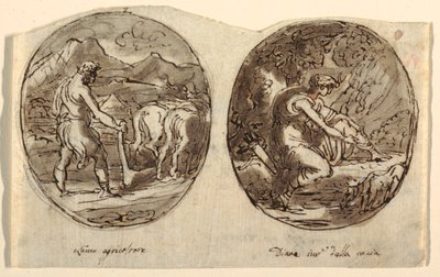 Man de boer, Diana de godin van de jacht, Ontwerp voor gewelfd plafond, Sala dei Legislatori, Palazzo Conti-Sinibaldi, Faenza door Felice Giani
