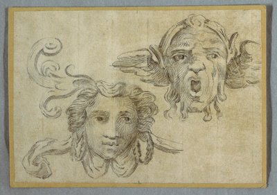 Masker met krans en oren; Masker met baard en oren van satyr door Felice Giani